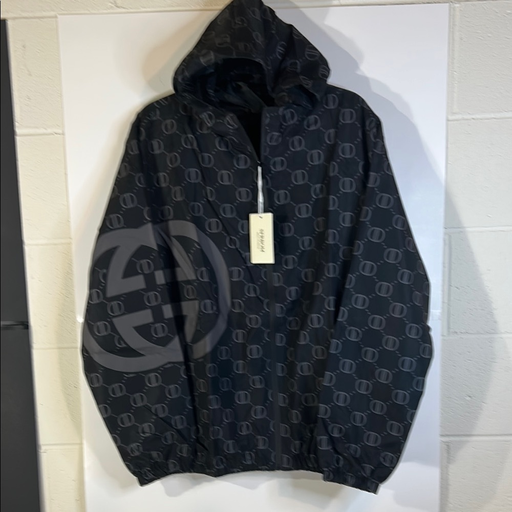Black and Gray Hooded Windbreaker with Checkered Pattern